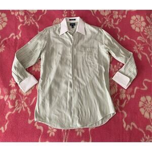 Paul Fredrick size 15-32 Green and White striped dress shirt 100% cotton